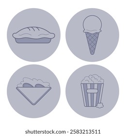 Collection of four line icons representing popular food items. Pie, ice cream cone, sandwich, and popcorn. Ideal for menus, apps, or graphic design projects