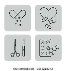 Collection of four line icons representing health themes, including pills, scissors, scalpel, and molecular structures