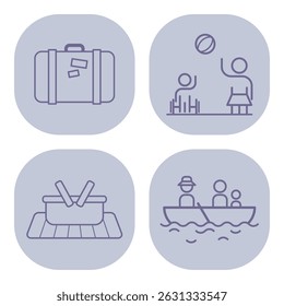 Collection of four line icons representing family activities, including travel, playtime, and outdoor fun. Family experiences and vacations concept