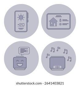 Collection of four line icons representing smart home technology. Weather monitor, smart display with home security, chat device, and music player