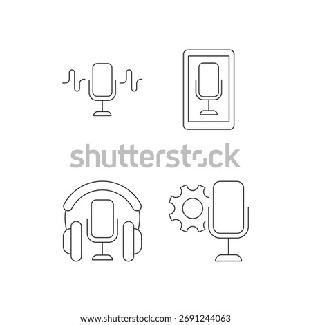 Collection of four line icons representing microphone setup (headphone, settings) and functions (sound wave, digital screen display).
