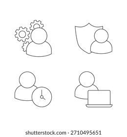 Colección de cuatro iconos de línea: Configuración, Seguridad, Inicio de sesión, Usuario de la computadora portátil.