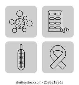 Collection of four line icons showcasing key elements of health and medicine, including molecule, medication, thermometer, and awareness ribbon, symbolizing wellness