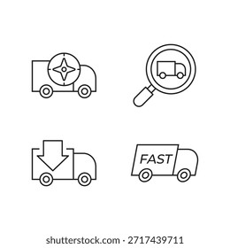 Colección de cuatro íconos de línea para servicios de rastreo y entrega rápida.