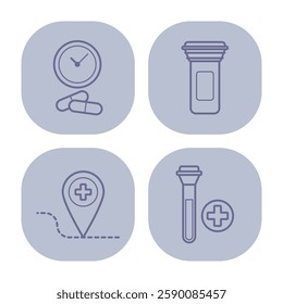 Collection of four line icons with various aspects of medicine, including medication, prescriptions, locations, and medical test samples, useful for health applications