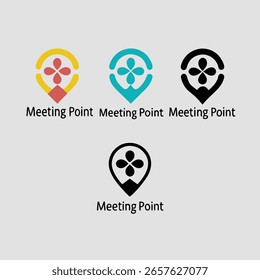 Collection of four location pin logos in yellow red blue and black with text below each on a light gray background