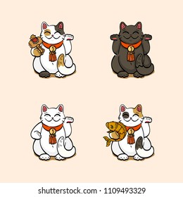 Collection of four lucky cats (maneki neko) drawn in different poses with lucky charms attributes (carp, hammer).  Isolated illustrations. Cartoon style.