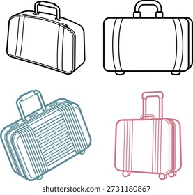 Colección de cuatro equipajes. Cuenta con dos maletas de contorno en línea con asas y ruedas, una maleta azul isométrica y una maleta rosa isométrica. Adecuado para viajes, vacaciones o temas de viajes de negocios.