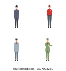 Collection of four male characters in various professional uniforms, depicted in a simplistic vector style