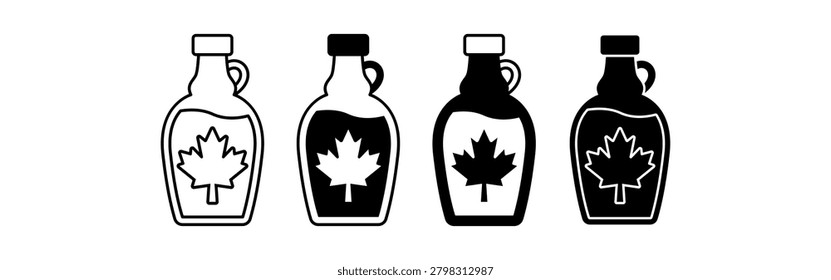 Collection of four maple syrup bottles showcasing various designs and colors, ideal for food packaging, branding, and culinary presentation.