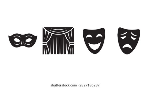 A collection of four masks representing various emotions and characters used in theater, drama, and performance arts, emphasizing expression and creativity.