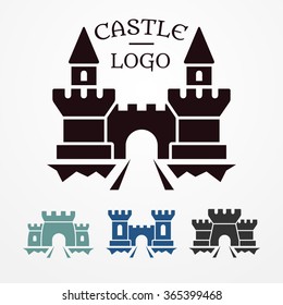 Collection of four medieval castle logotypes. Castle silhouette with tower, bridge and gate. Castle stock vector illustration.