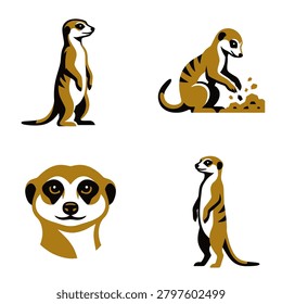 A collection of four meerkat graphics featuring the animal standing on guard digging in the dirt and a close up head portrait isolated on white