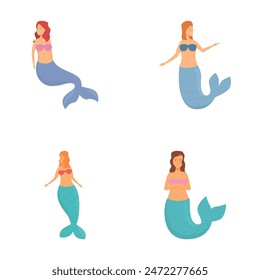 Collection of four mermaids with different hair and tail colors, isolated on white