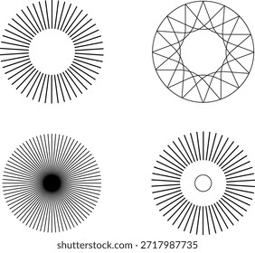 Coleção de quatro ilusões ópticas geométricas radiais e radiais em preto e branco hipnotizantes em formato vetorial