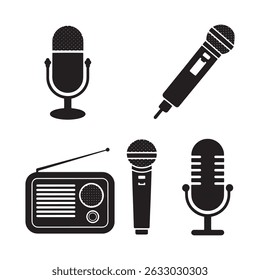 Collection of four microphone icons and a vintage radio, all in black silhouettes. These white graphics on a transparent background are a valuable asset