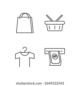 A collection of four minimal line icons related to shopping and fashion retail. Includes a shopping bag (retail purchase), a basket (grocery or item collection), a T-shirt on a hanger (clothing produc