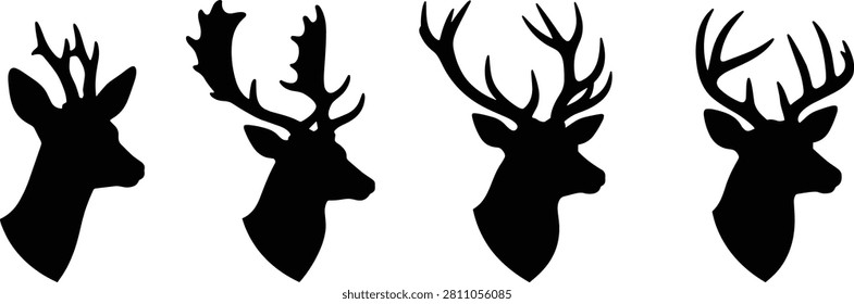 A collection of four minimalist black deer head silhouettes showing different antler patterns in profile. This vector set is perfect for hunting club logos, outdoor apparel, and wildlife-themed decorative prints.
