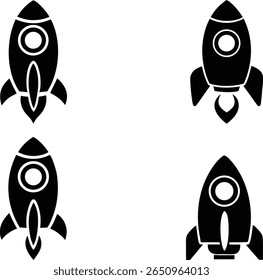 A collection of four minimalist black rocket icons, each depicting a different stage or style of spacecraft, set against a clean white background.