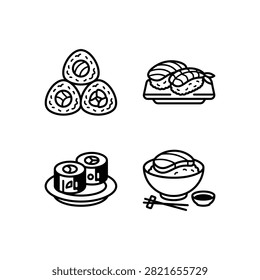 A collection of four minimalist black and white line art icons depicting various types of sushi, including maki rolls, nigiri, and a rice bowl with chopsticks.