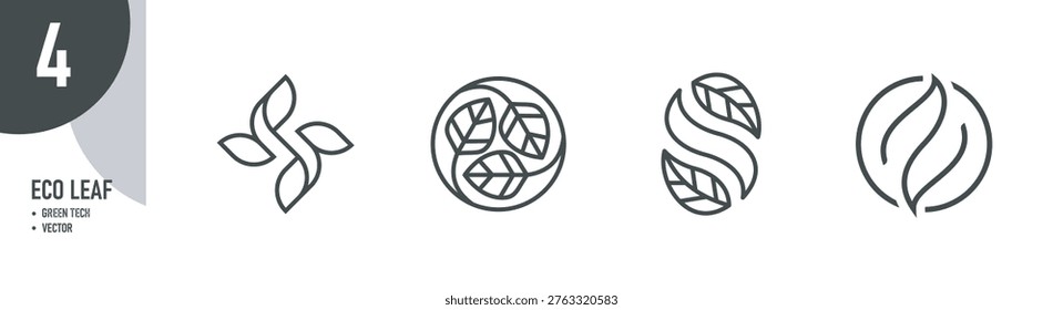 A collection of four minimalist eco-friendly logo designs using thin line art style, featuring leaf motifs integrated with circular forms and the letter S.