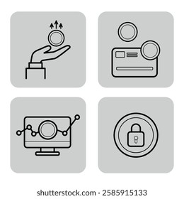 Collection of four minimalist icons representing financial concepts including currency exchange, credit cards, market trends, and data security