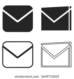 Uma coleção de quatro ícones minimalistas representando envelopes. O ícone superior esquerdo é um envelope preto sólido com cantos arredondados e um flape branco em forma de V. 