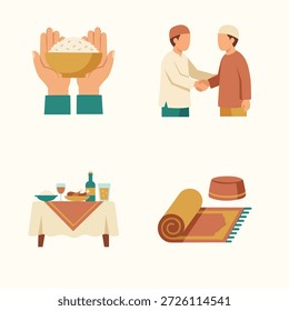 Colección de cuatro ilustraciones minimalistas que muestran Elementos clave de las prácticas religiosas y culturales islámicas durante el mes sagrado
