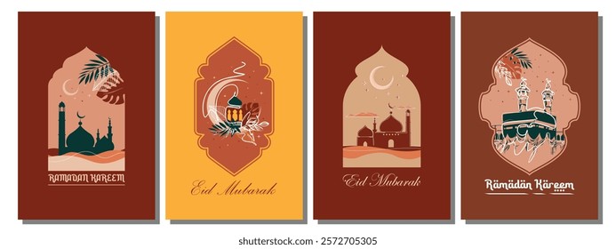 A collection of four minimalist Ramadan greeting cards, each with a unique, elegant design, and iconic stuff with Ramadan