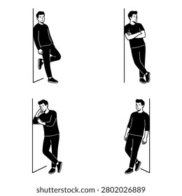 A collection of four minimalist sketches featuring a male character in casual clothing posing while leaning against a vertical surface in various relaxed stances