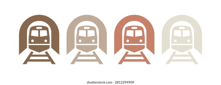 A collection of four minimalist vector icons featuring a front view of a train emerging from a tunnel, presented in a variety of soft earth tone colors suitable for modern transit and travel projects.
