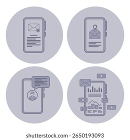 Collection of four minimalistic line icons representing mobile communication elements. Messages, notifications, and analytics. Digital interaction concept