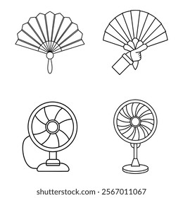 A collection of four minimalistic outline vector illustrations featuring traditional hand fans and modern electric fans, perfect for graphic design, printing, and digital use.