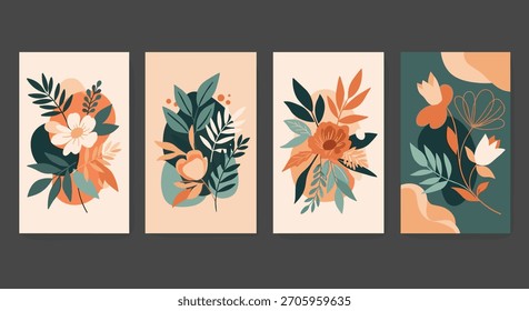 Colección de cuatro modernos murales botánicos abstractos con diseños florales y de hojas en una paleta de colores terrosos.
