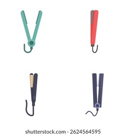 Collection of four modern hair straighteners in different colors in flat design style