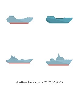 Collection of four modern maritime vessels including warships and cargo ships, isolated on a white background