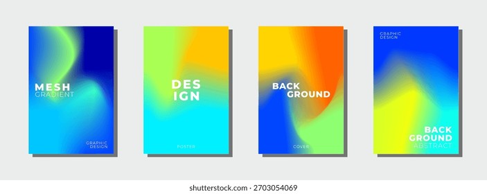 A collection of four modern vertical backgrounds featuring vibrant, soft, and blurred mesh gradients. The color palettes include mixes of blue, green, yellow, and orange