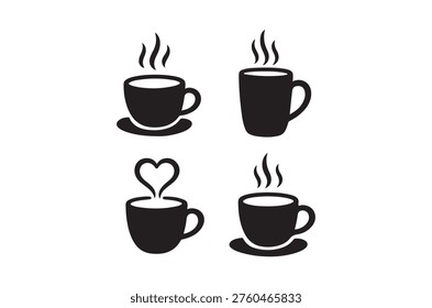 A collection of four monochromatic coffee cup icons, some with steam and a heart detail.