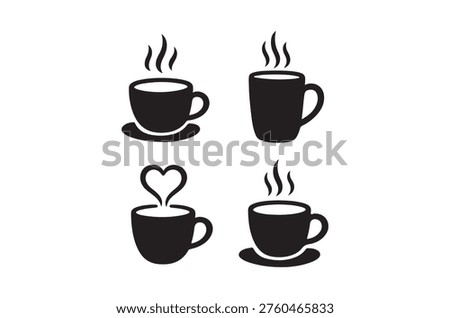 A collection of four monochromatic coffee cup icons, some with steam and a heart detail.