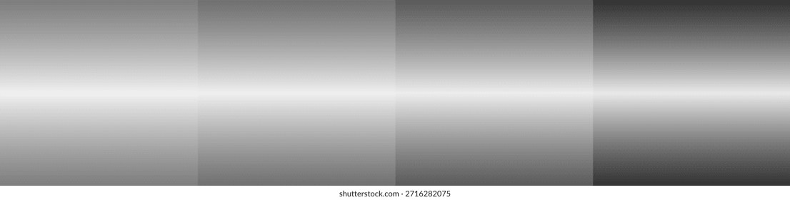 Colección de cuatro fondos de gradiente gris monocromático con reflejos metálicos de luz. Texturas Horizontales minimalistas adecuadas para Anuncios profesionales, fondo de Productos, Plantilla de diapositivas.