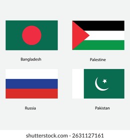 Collection of Four National Flags Bangladesh Palestine Russia Pakistan
