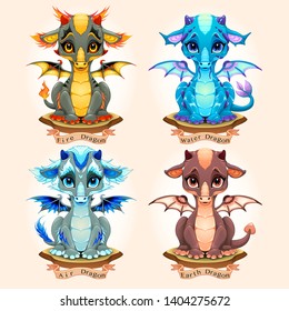 Collection of four natural element baby dragons, Fire, Water, Air and Earth. Cartoon vector illustration.