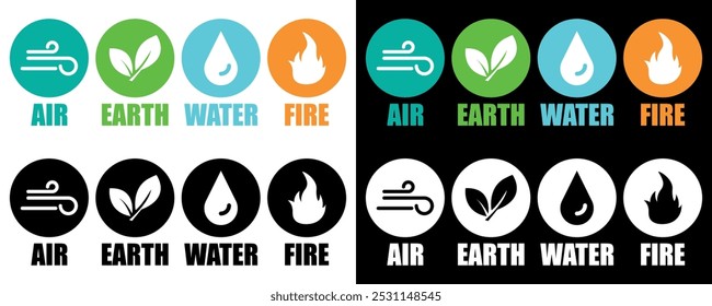 Collection of Four natural elements Air, Earth, Fire, and Water. Nature elements concept. Vector illustration icons isolated on black and white background.