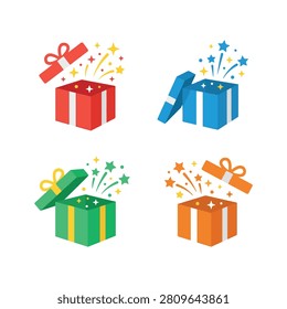 A collection of four open gift box icons in red, blue, green, and orange featuring sparkling magic.