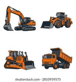 Collection of four orange heavy construction vehicles including an excavator wheel loader bulldozer and dump truck isolated on white