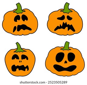 A collection of four orange pumpkins with varied spooky and funny facial expressions. Vector illustration for Halloween crafts and decorations.