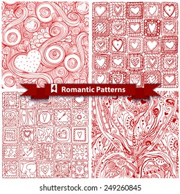 Collection of four original drawing patterns with red doodle hearts. Template frame design for love card with set of doodle hearts. Seamless pattern of original drawing zentangle hearts.