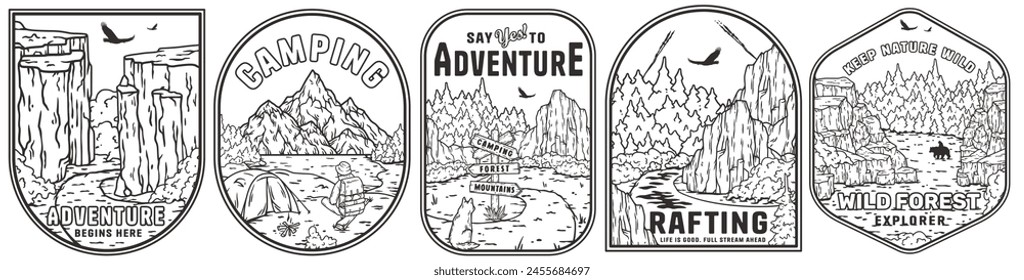 Collection of four outdoor adventure badges showcasing camping, rafting, and mountain exploration. Sticker pack for adventure enthusiasts, nature designs. Set for nature hiking, camp. T-shirt print.