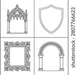 Collection of four outline decorative frames including a gothic window, a shield shape, an intricate Celtic knot border, and a classic stone archway.