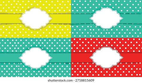 Sammlung von vier gemusterten Hintergründen in Gelb, Teal und Rot mit Tupfen, Bändern und weißen Etiketten.